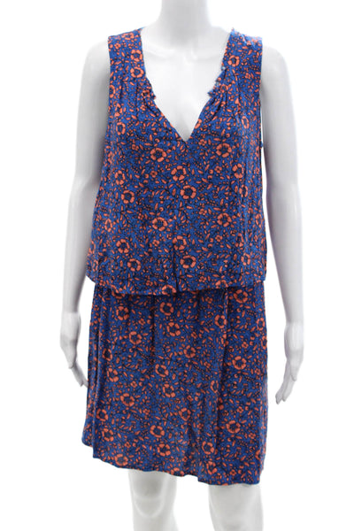 Splendid Womens Sleeveless V Neck Floral Tiered Mini Dress Blue Peach Size Small