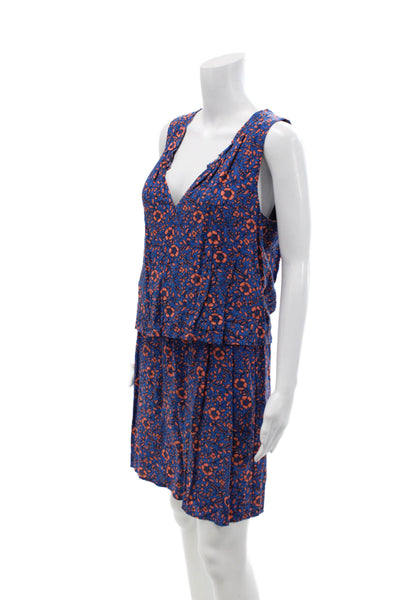 Splendid Womens Sleeveless V Neck Floral Tiered Mini Dress Blue Peach Size Small