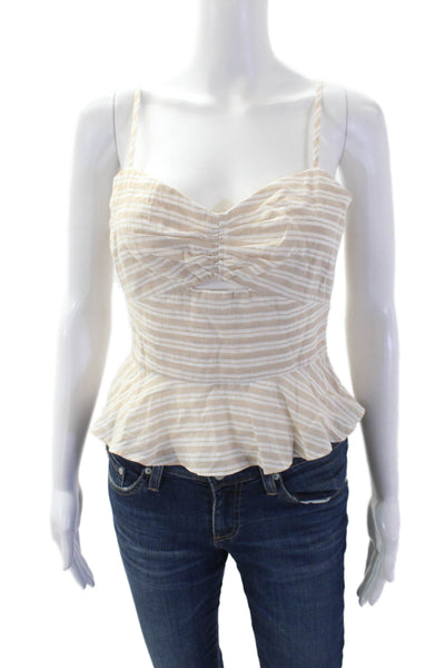 Intermix Womens Spaghetti Strap Cut Out Ruffled Striped Top Brown White Petite