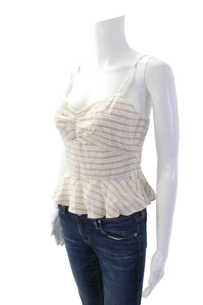 Intermix Womens Spaghetti Strap Cut Out Ruffled Striped Top Brown White Petite