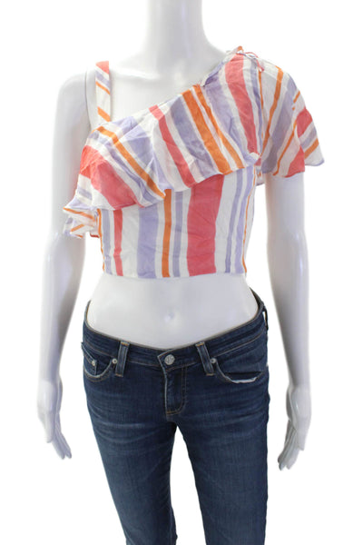 L Academie Womens One Shoulder Striped Crop Top White Purple Red Size 2XS