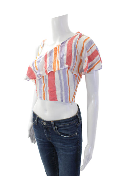 L Academie Womens One Shoulder Striped Crop Top White Purple Red Size 2XS