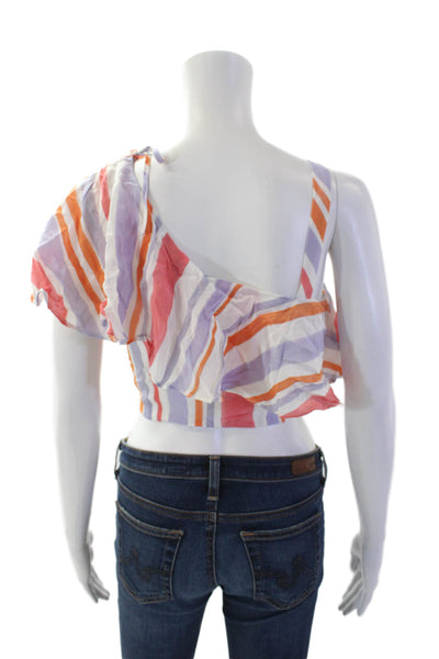 L Academie Womens One Shoulder Striped Crop Top White Purple Red Size 2XS
