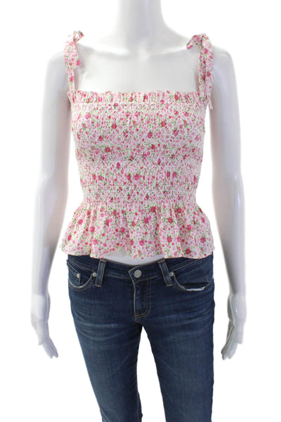 Likely Womens Sleeveless Square Neck Smocked Floral Top White Pink Size 2XS