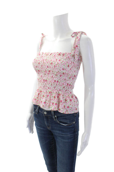 Likely Womens Sleeveless Square Neck Smocked Floral Top White Pink Size 2XS