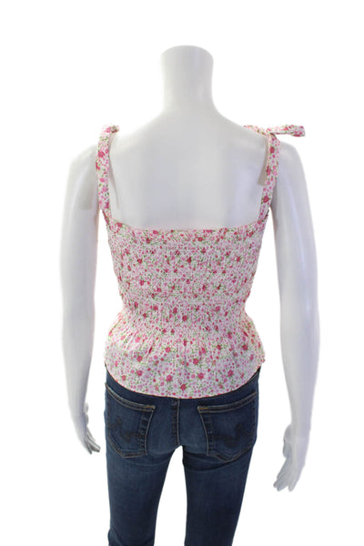 Likely Womens Sleeveless Square Neck Smocked Floral Top White Pink Size 2XS