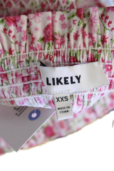 Likely Womens Sleeveless Square Neck Smocked Floral Top White Pink Size 2XS