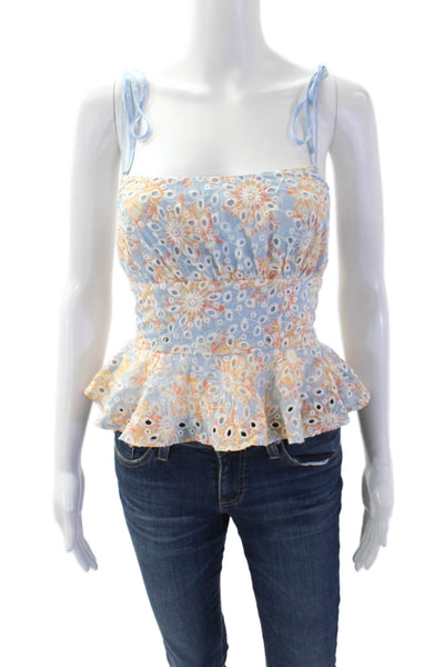 Lovers + Friends Womens Back Zip Spaghetti Strap Floral Eyelet Top Blue Size 2XS
