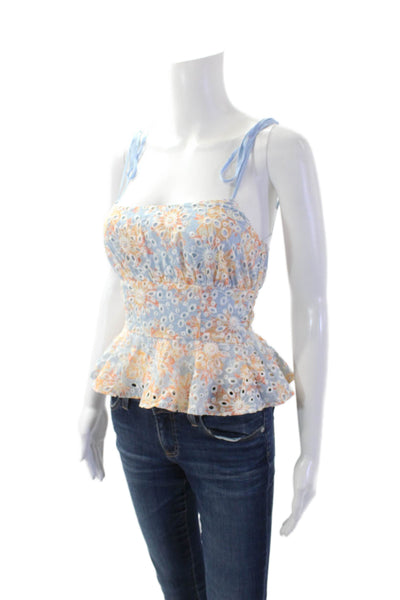 Lovers + Friends Womens Back Zip Spaghetti Strap Floral Eyelet Top Blue Size 2XS