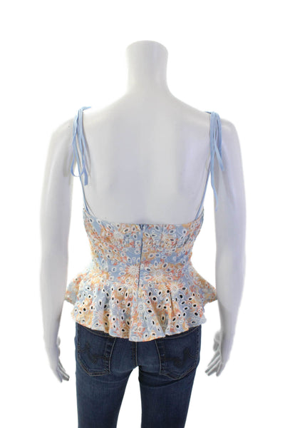 Lovers + Friends Womens Back Zip Spaghetti Strap Floral Eyelet Top Blue Size 2XS