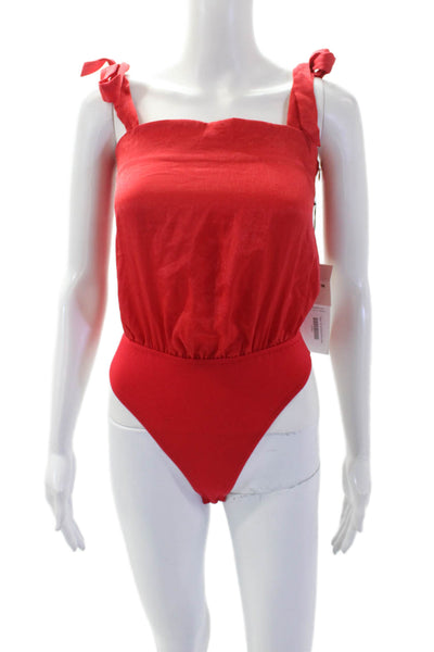 Superdown Womens Sleeveless Square Neck Satin Knit Bodysuit Red Size 2XS