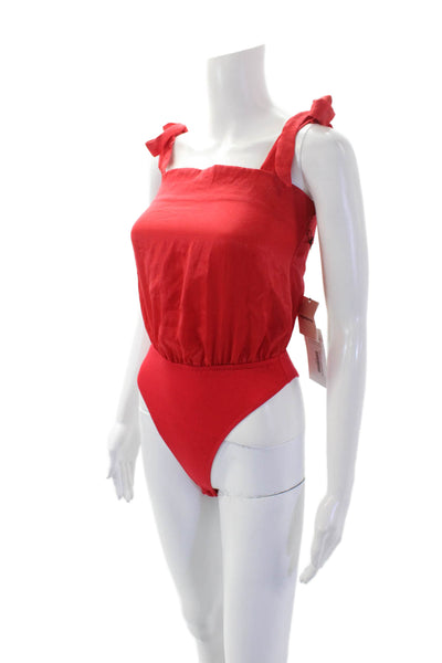 Superdown Womens Sleeveless Square Neck Satin Knit Bodysuit Red Size 2XS