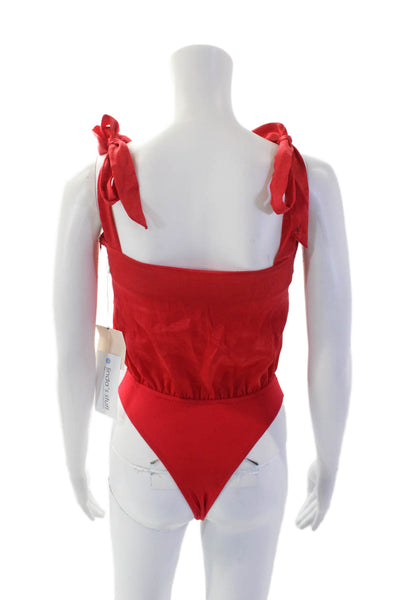 Superdown Womens Sleeveless Square Neck Satin Knit Bodysuit Red Size 2XS