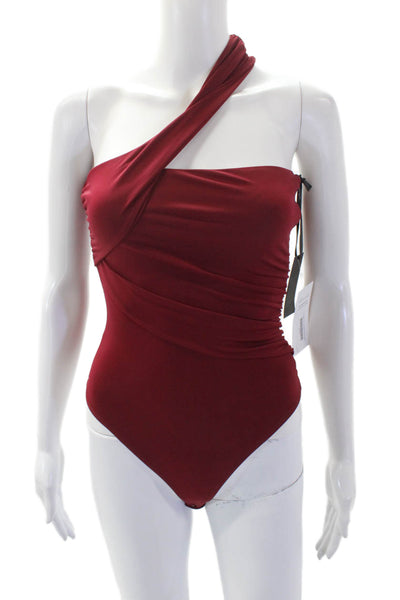 Hours Womens One Shoulder Ruched Button Bottom Bodysuit Red Size 2XS