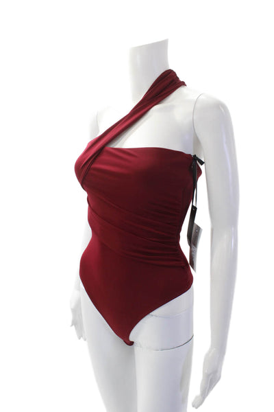 Hours Womens One Shoulder Ruched Button Bottom Bodysuit Red Size 2XS