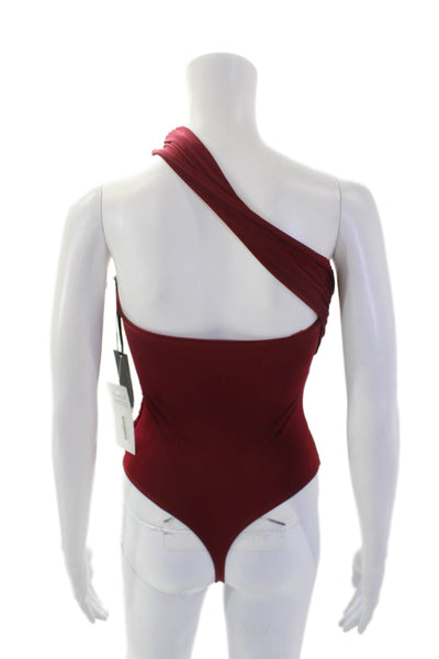 Hours Womens One Shoulder Ruched Button Bottom Bodysuit Red Size 2XS