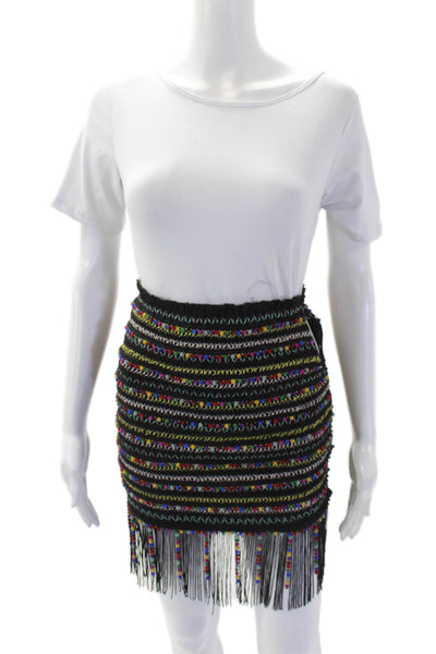 Majorelle Womens Side Zip Fringe Pom Pom Pencil Skirt Black Multi Size 2XS