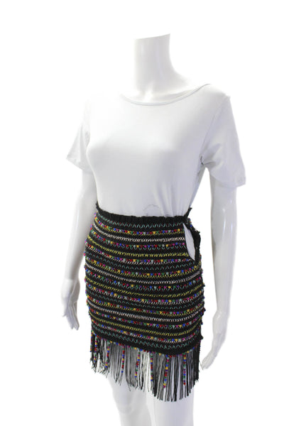 Majorelle Womens Side Zip Fringe Pom Pom Pencil Skirt Black Multi Size 2XS