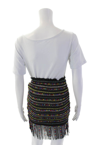 Majorelle Womens Side Zip Fringe Pom Pom Pencil Skirt Black Multi Size 2XS