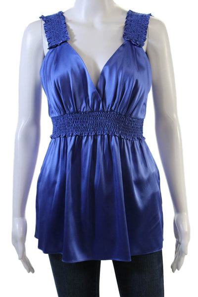 BCBGMAXAZRIA Womens Sleeveless V Neck Smocked Silk Top Blue Size Medium