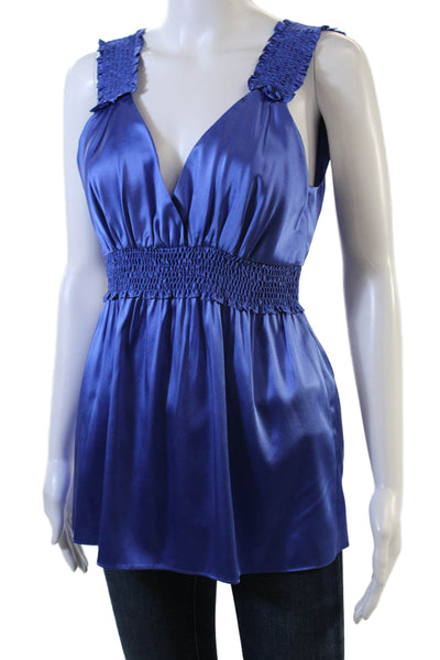 BCBGMAXAZRIA Womens Sleeveless V Neck Smocked Silk Top Blue Size Medium