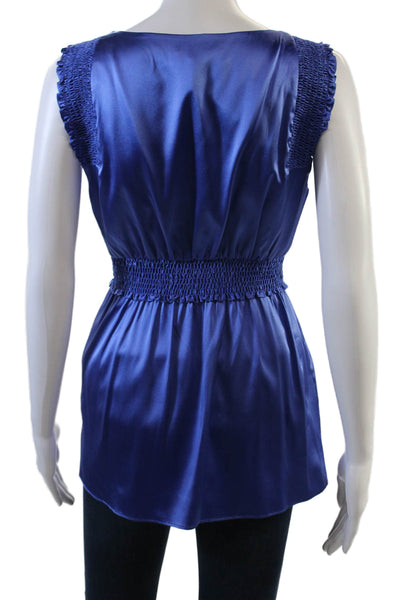BCBGMAXAZRIA Womens Sleeveless V Neck Smocked Silk Top Blue Size Medium