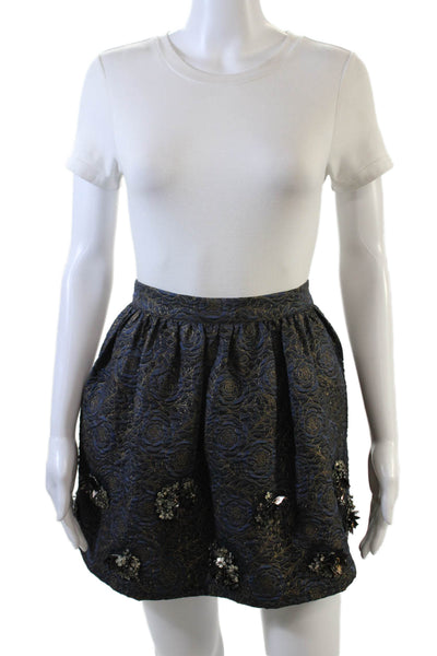 Zara Basic Womens Metallic Floral Embroidered Beaded Zip Up Skirt Navy Size S