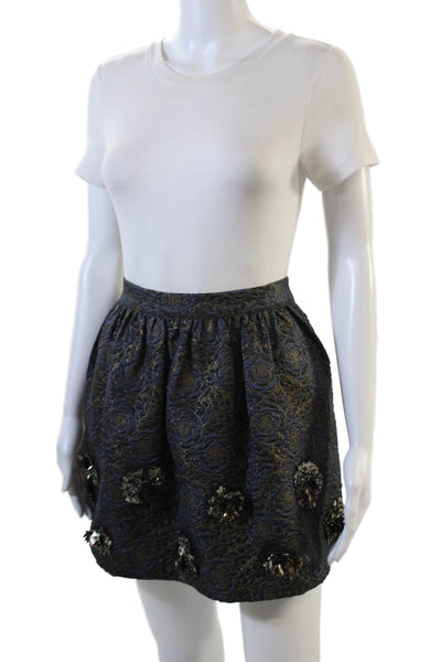 Zara Basic Womens Metallic Floral Embroidered Beaded Zip Up Skirt Navy Size S