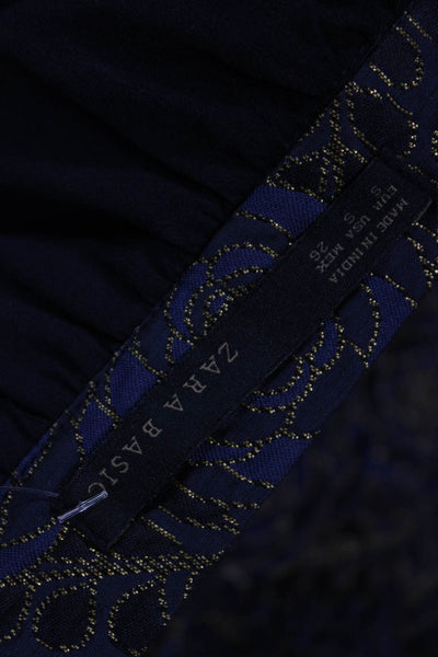 Zara Basic Womens Metallic Floral Embroidered Beaded Zip Up Skirt Navy Size S