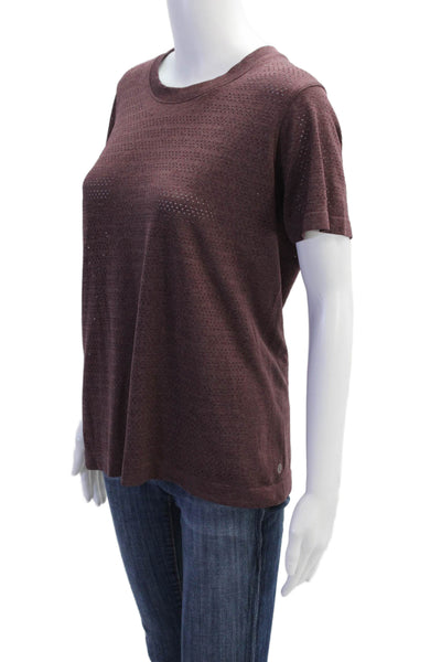 Lululemon Womens Short Sleeve Scoop Neck Open Knit Tee Shirt Burgundy Size 10