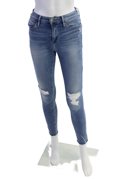 Frame Womens Zipper Fly High Rise Distressed Skinny Jeans Blue Denim Size 26
