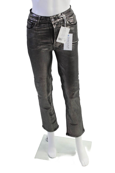 Frame Womens Zipper Fly High Rise Sleek Metallic Straight Jeans Silver Size 24