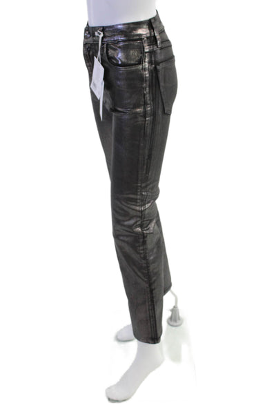 Frame Womens Zipper Fly High Rise Sleek Metallic Straight Jeans Silver Size 24