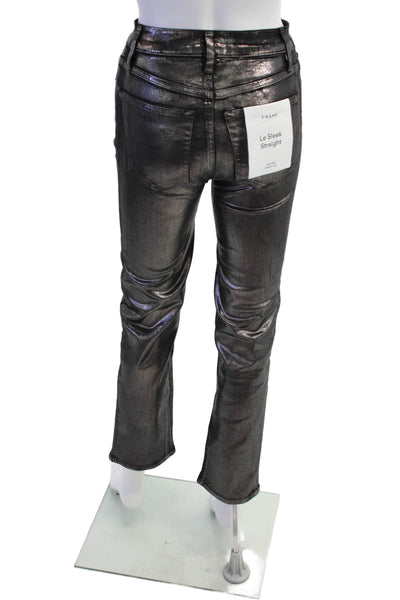 Frame Womens Zipper Fly High Rise Sleek Metallic Straight Jeans Silver Size 24