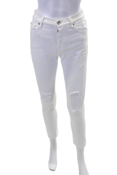 7 For All Mankind Womens Cotton Distressed Mid-Rise Skinny Jeans White Size 23