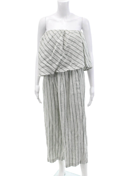 Joie Womens Ruffled Off Shoulder Striped Linen Jumpsuit White Green Size Medium
