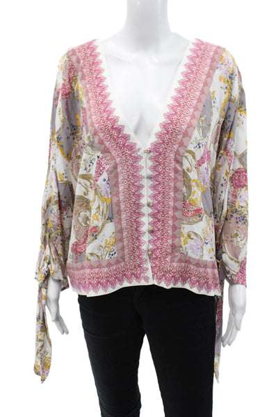 Free People Womens Long Sleeve Button Front Abstract Top White Multi Size Medium