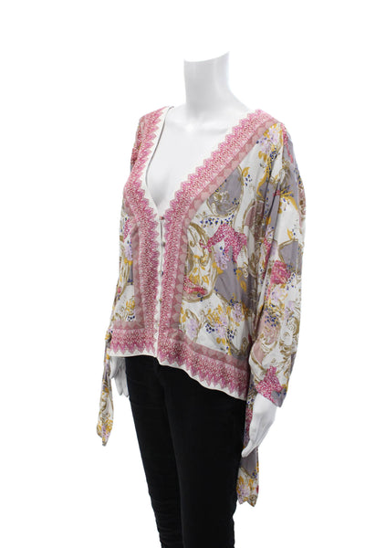 Free People Womens Long Sleeve Button Front Abstract Top White Multi Size Medium