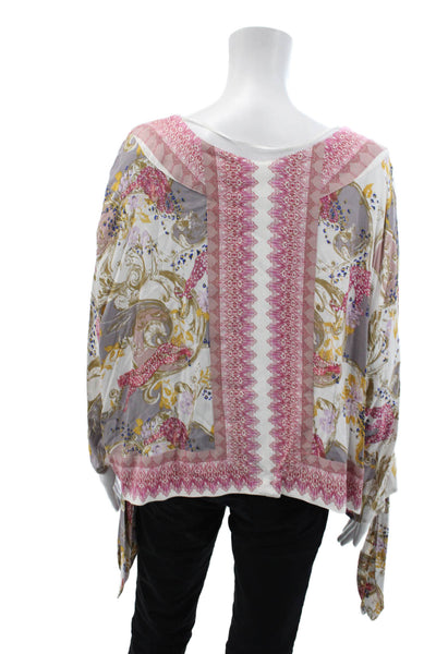 Free People Womens Long Sleeve Button Front Abstract Top White Multi Size Medium