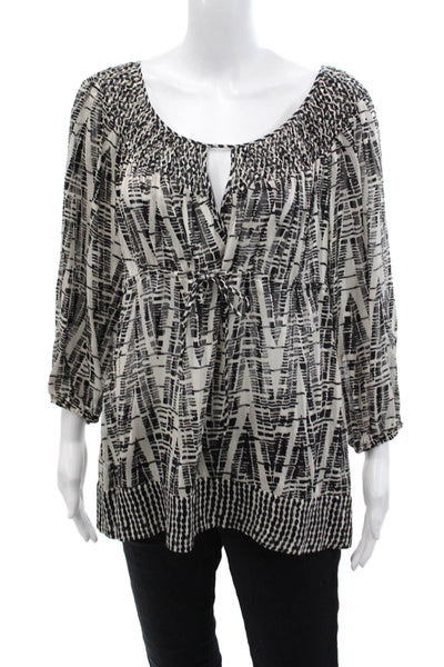 BCBGMAXAZRIA Womens 3/4 Sleeve Keyhole Abstract Silk Top White Black Size Medium