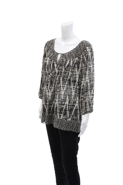 BCBGMAXAZRIA Womens 3/4 Sleeve Keyhole Abstract Silk Top White Black Size Medium
