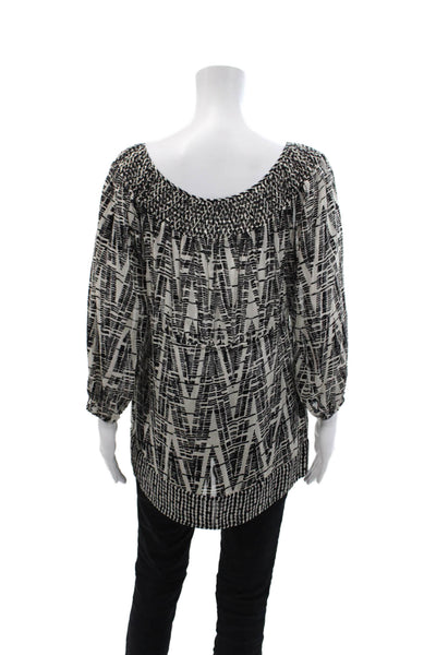 BCBGMAXAZRIA Womens 3/4 Sleeve Keyhole Abstract Silk Top White Black Size Medium