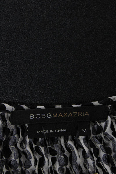 BCBGMAXAZRIA Womens 3/4 Sleeve Keyhole Abstract Silk Top White Black Size Medium