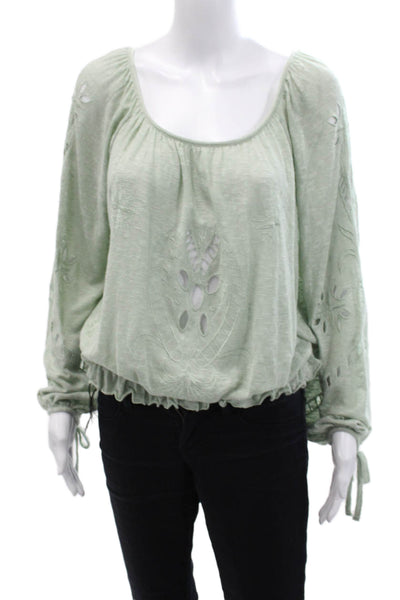Free People Womens Long Sleeve Scoop Neck Embroidered Top Green Size Small