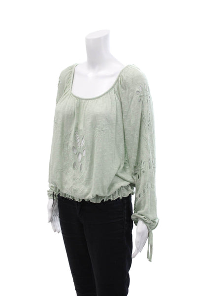 Free People Womens Long Sleeve Scoop Neck Embroidered Top Green Size Small