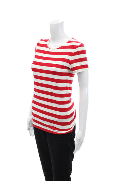 BCBGMAXAZRIA Womens Short Sleeve Scoop Neck Striped Tee Shirt White Red Large