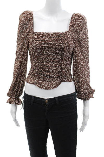 ASTR Women's Square Neck Long Sleeves Ruched Fitted Floral Blouse Size XS