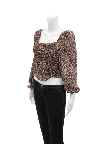 ASTR Women's Square Neck Long Sleeves Ruched Fitted Floral Blouse Size XS