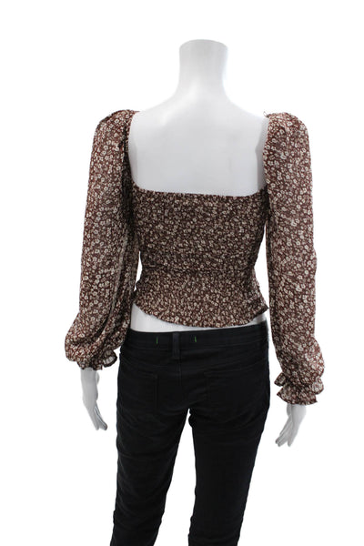 ASTR Women's Square Neck Long Sleeves Ruched Fitted Floral Blouse Size XS