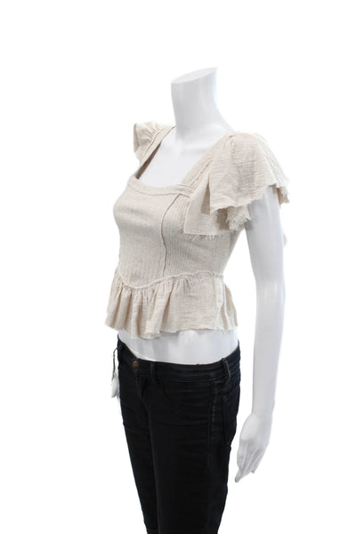 Free People Women's Square Neck Ruffle Tiered Cropped Top Beige Size XS